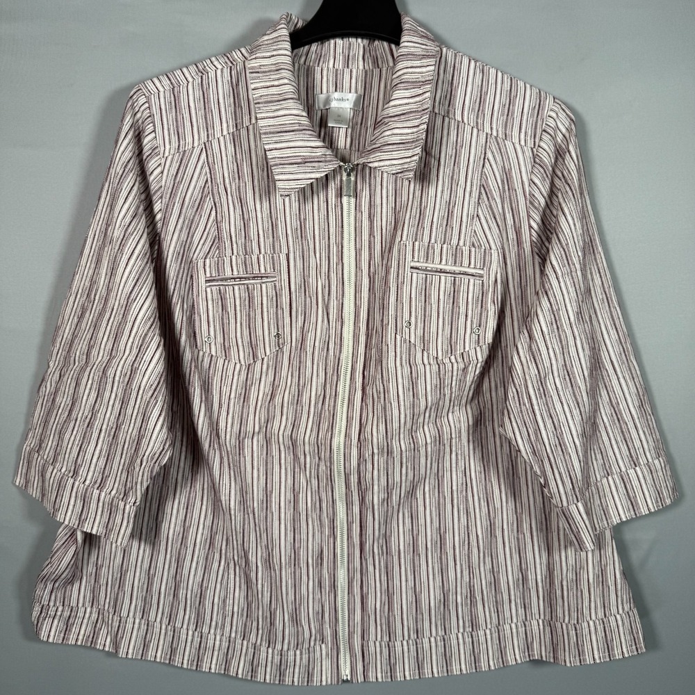 CJ Banks Jacket Women 3X Full Zip 3/4 Sleeve‎ Striped Burgundy White 100% Cotton